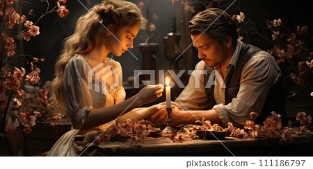 AI-generated content. Couple in love on a valentine day. Romantic time. Beautiful couple is enjoying picnic time. Copy space 111186797