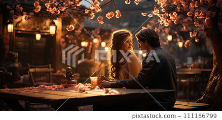 AI-generated content. Couple in love on a valentine day. Romantic time. Beautiful couple is enjoying picnic time. Copy space AI-generated content. Couple in love on a valentine day. Romantic time. Beautiful couple is enjoying picnic time. Copy space 111186799