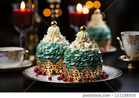 AI-generated content. Homemade Christmas's cake with decoration candle. AI-generated content. Homemade Christmas's cake with decoration candle. 111186858