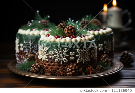 AI-generated content. Homemade Christmas's cake with decoration candle. 111186940