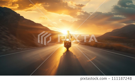 AI-generated content. Professional motorbike rider. A motorcycle rides fast on the road. Generative AI. Sport. Copy space for your custom text. Fast motion blur effect 111187248