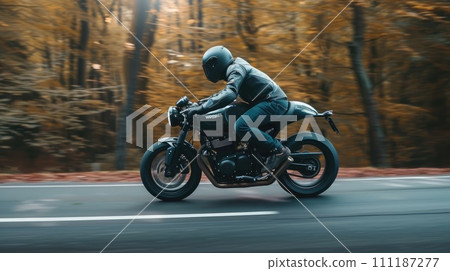AI-generated content. Professional motorbike rider. A motorcycle rides fast on the road. Generative AI. Sport. Copy space for your custom text. Fast motion blur effect 111187277