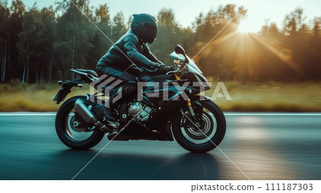 AI-generated content. Professional motorbike rider. A motorcycle rides fast on the road. Generative AI. Sport. Copy space for your custom text. Fast motion blur effect 111187303