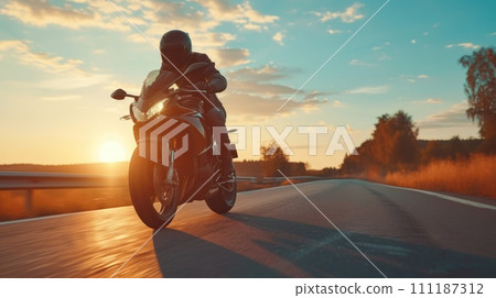 AI-generated content. Professional motorbike rider. A motorcycle rides fast on the road. Generative AI. Sport. Copy space for your custom text. Fast motion blur effect AI-generated content. Professional motorbike rider. A motorcycle rides fast on the road. Generative AI. Sport. Copy space for your custom text. Fast motion blur effect 111187312