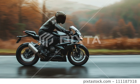 AI-generated content. Professional motorbike rider. A motorcycle rides fast on the road. Generative AI. Sport. Copy space for your custom text. Fast motion blur effect 111187318