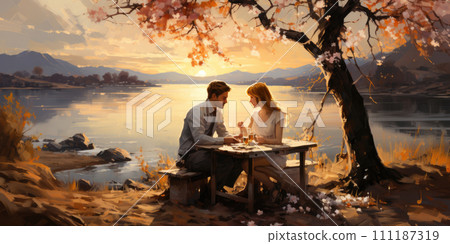 AI-generated content. Couple in love on a white plaid take a picnic against the backdrop of a sunset in the mountains. Romantic time. Beautiful couple is enjoying picnic time at sunset. Copy space 111187319