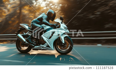 AI-generated content. Professional motorbike rider. A motorcycle rides fast on the road. Generative AI. Sport. Copy space for your custom text. Fast motion blur effect 111187328