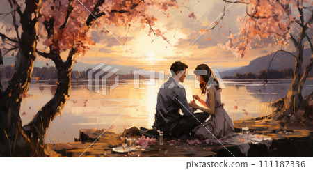 AI-generated content. Couple in love on a white plaid take a picnic against the backdrop of a sunset in the mountains. Romantic time. Beautiful couple is enjoying picnic time at sunset. Copy space 111187336