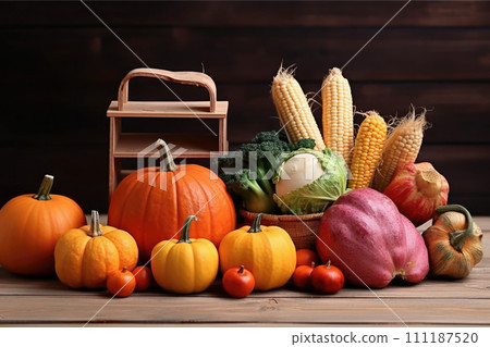 AI-generated content. Happy Thanksgiving Day background, wooden table decorated with Pumpkins, Maize, fruits and autumn leaves. Harvest festival. Selective focus. Horizontal. Background with copy 111187520