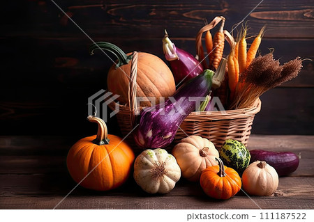 AI-generated content. Happy Thanksgiving Day background, wooden table decorated with Pumpkins, Maize, fruits and autumn leaves. Harvest festival. Selective focus. Horizontal. Background with copy 111187522