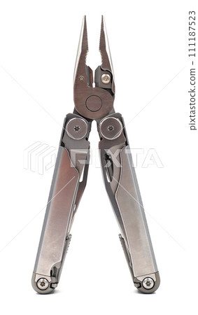 One modern gray iron open folding multifunctional knife isolated on a white background. Multitool with extended tools and pliers. Compact and portable product. Pocket knife. EDC concept 111187523