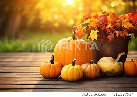 AI-generated content. Happy Thanksgiving Day background, wooden table decorated with Pumpkins, Maize, fruits and autumn leaves. Harvest festival. Selective focus. Horizontal. Background with copy 111187534