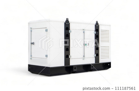 Mobile and standby industrial white auxiliary diesel generator for emergency power supply isolated on a white background. Generator backup power. For emergency use of electricity Mobile and standby industrial white auxiliary diesel generator for emergency power supply isolated on a white background. Generator backup power. For emergency use of electricity 111187561