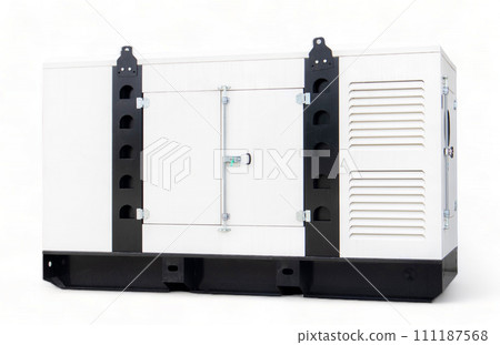 Mobile and standby industrial white auxiliary diesel generator for emergency power supply isolated on a white background. Generator backup power. For emergency use of electricity Mobile and standby industrial white auxiliary diesel generator for emergency power supply isolated on a white background. Generator backup power. For emergency use of electricity 111187568