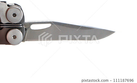 A steel multi-tool with an open knife blade lies on a white background. Pocket open folding knife. Portable multitasking multitool with many tools. EDC concept. A tool for daily practice. All in one 111187696