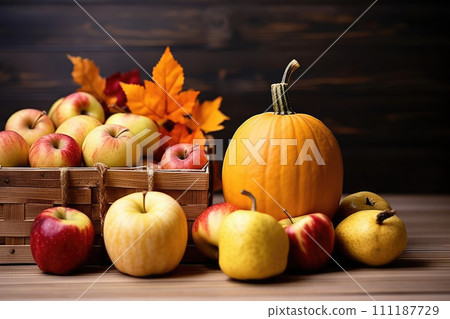 AI-generated content. Happy Thanksgiving Day background, wooden table decorated with Pumpkins, Maize, fruits and autumn leaves. Harvest festival. Selective focus. Horizontal. Background with copy 111187729