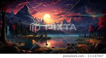 AI-generated content. Adventures Camping tourism and tent and car next to the lake. Landscape outdoor in morning 111187847