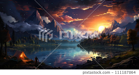 AI-generated content. Adventures Camping tourism and tent and car next to the lake. Landscape outdoor in morning AI-generated content. Adventures Camping tourism and tent and car next to the lake. Landscape outdoor in morning 111187864