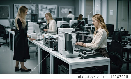 AI-generated content. Freelancers and modern officer discussing over desktop pc. Technology Team. 111187926