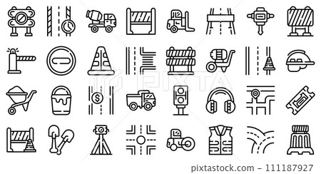 Highway construction icons set. Outline set of highway construction vector icons for web design isolated on white background Highway construction icons set. Outline set of highway construction vector icons for web design isolated on white background 111187927