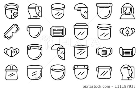 Face shield icons set. Outline set of face shield vector icons for web design isolated on white background 111187935