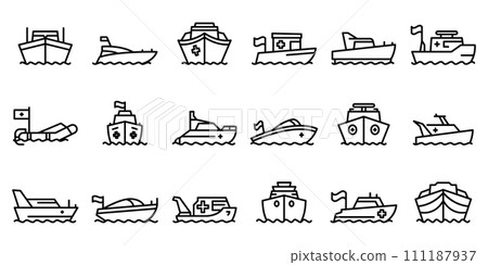 Rescue boat icons set. Outline set of rescue boat vector icons for web design isolated on white background 111187937