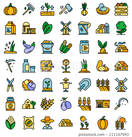 Eco farming icons set. Outline set of eco farming vector icons thin line color flat on white 111187993