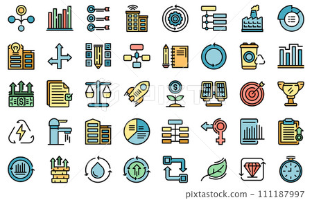Sustainable development icons set. Outline set of sustainable development vector icons thin line color flat on white 111187997