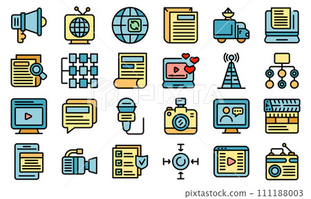 Actualization icons set. Outline set of actualization vector icons thin line color flat on white Actualization icons set. Outline set of actualization vector icons thin line color flat on white 111188003