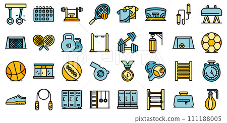 School gym icons set. Outline set of school gym vector icons thin line color flat on white School gym icons set. Outline set of school gym vector icons thin line color flat on white 111188005