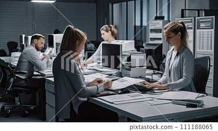 AI-generated content. Freelancers and modern officer discussing over desktop pc. Technology Team. 111188065