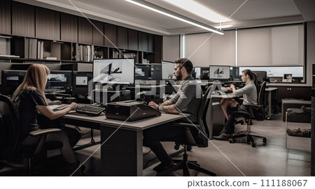 AI-generated content. Freelancers and modern officer discussing over desktop pc. Technology Team. AI-generated content. Freelancers and modern officer discussing over desktop pc. Technology Team. 111188067