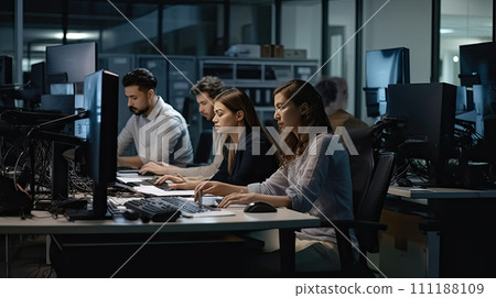 AI-generated content. Freelancers and modern officer discussing over desktop pc. Technology Team. 111188109