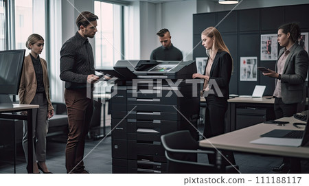 AI-generated content. Freelancers and modern officer discussing over desktop pc. Technology Team. 111188117