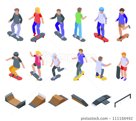 Children skateboarding icons set. Isometric set of children skateboarding vector icons for web design isolated on white background Children skateboarding icons set. Isometric set of children skateboarding vector icons for web design isolated on white background 111188492