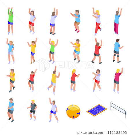 Kids playing volleyball icons set. Isometric set of kids playing volleyball vector icons for web design isolated on white background 111188493