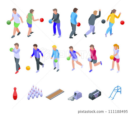 Kids playing bowling icons set. Isometric set of kids playing bowling vector icons for web design isolated on white background 111188495
