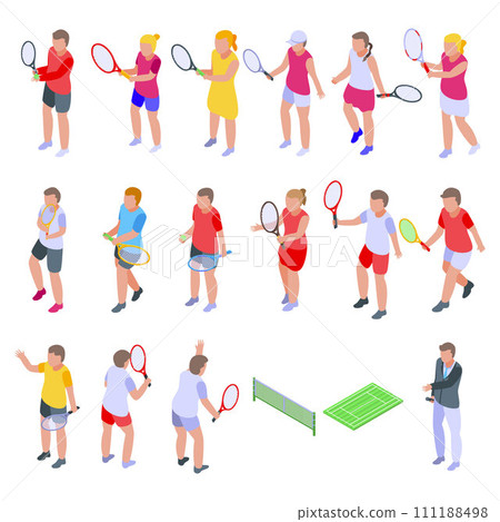 Kids playing tennis icons set. Isometric set of kids playing tennis vector icons for web design isolated on white background Kids playing tennis icons set. Isometric set of kids playing tennis vector icons for web design isolated on white background 111188498