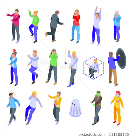 Frightened people icons set. Isometric set of frightened people vector icons for web design isolated on white background 111188500