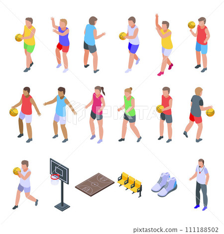 Kids playing basketball icons set. Isometric set of kids playing basketball vector icons for web design isolated on white background 111188502