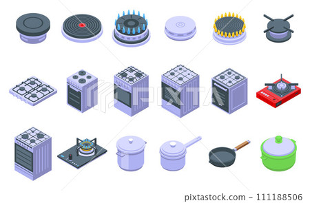 Burning gas stove icons set. Isometric set of burning gas stove vector icons for web design isolated on white background 111188506