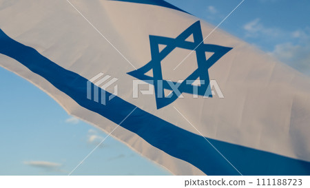 Israel national flag waving on sky background  111188723