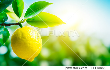 AI-generated content. One lemon on branch close-up, blue sky background with copy space, AI generated 111188889