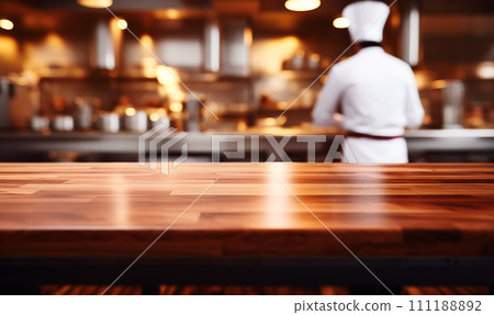 AI-generated content. Empty wooden table background, chef working in professional restaurant kitchen, copy space, AI generated 111188892