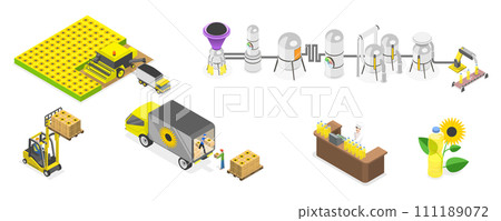 3D Isometric Flat Conceptual Illustration of Vegetable Oil Production 3D Isometric Flat Conceptual Illustration of Vegetable Oil Production 111189072