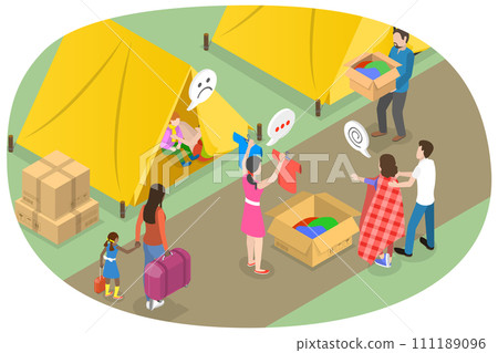 3D Isometric Flat  Conceptual Illustration of Refugee Camp 111189096
