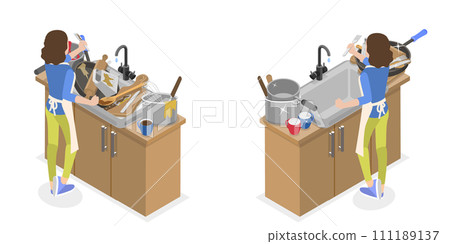 3D Isometric Flat Conceptual Illustration of Messy vs Clean Kitchen 3D Isometric Flat Conceptual Illustration of Messy vs Clean Kitchen 111189137