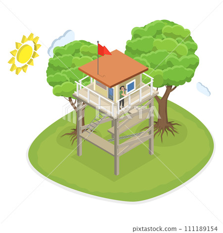 3D Isometric Flat  Conceptual Illustration of Fire Watch Tower 111189154