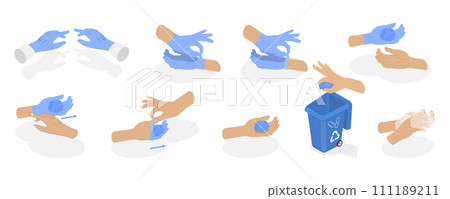 3D Isometric Flat  Conceptual Illustration of How To Remove Disposable Gloves 111189211