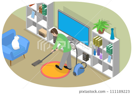 3D Isometric Flat  Conceptual Illustration of Husband Doing Domestic Work 111189223